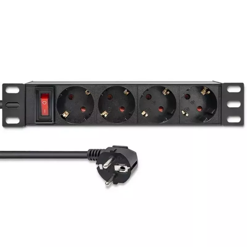 Pistorasia QOLTEC 54603 — 1U rack-asennettava, tulo 16A, 4× suojakosketinpistorasiaa