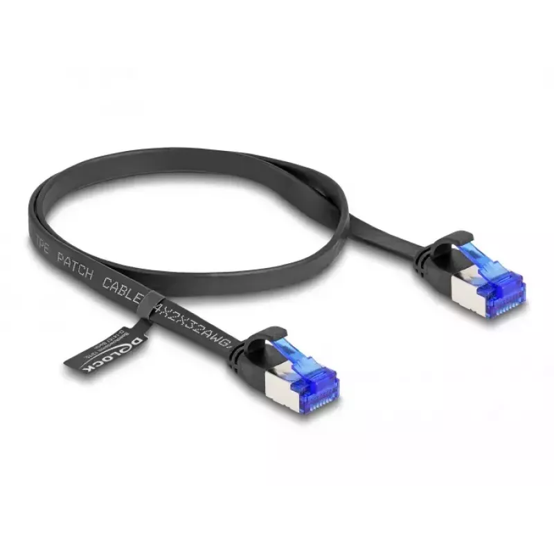 Verkkokaapeli DeLOCK RJ45 litteä patch-kaapeli pistoke-pistoke Cat.6A 0,5 m musta