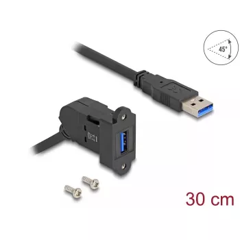 DeLOCK USB 5 Gbit/s Type-A paneeliasennusliitin 45° kulma Type-A -urokseen 30 cm kaapelilla musta