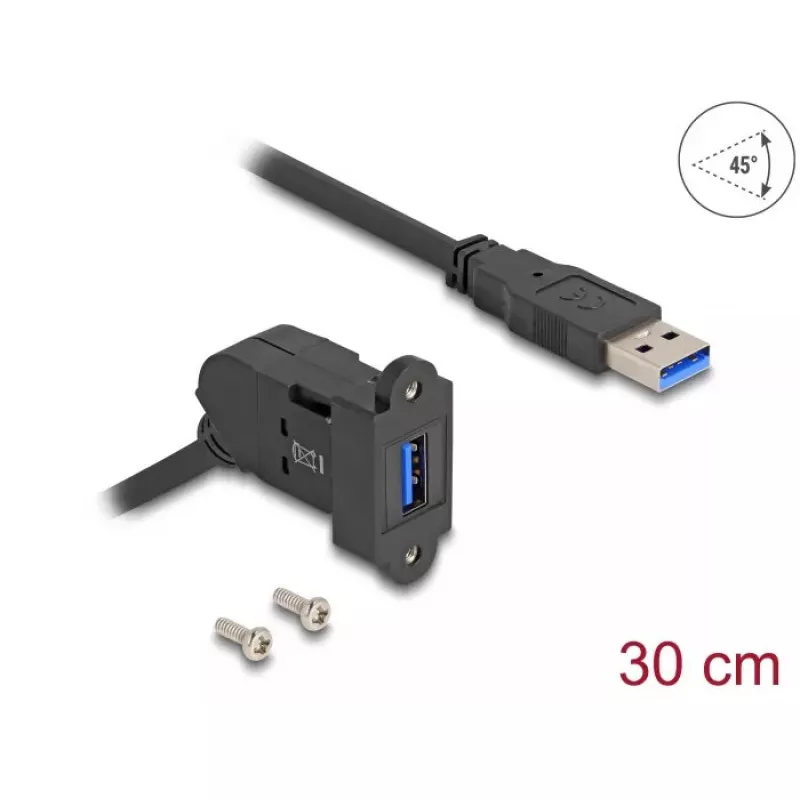 DeLOCK USB 5 Gbit/s Type-A paneeliasennusliitin 45° kulma Type-A -urokseen 30 cm kaapelilla musta