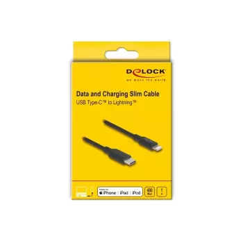 Kaapeli DELOCK USB-C Lightning ohut 1 m, Lightning ↔ USB-C, 9 V 3 A, 3,3 mm, MFi