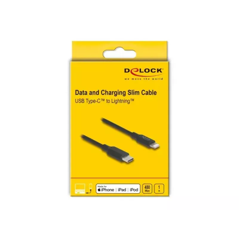Kaapeli DELOCK USB-C Lightning ohut 1 m, Lightning ↔ USB-C, 9 V 3 A, 3,3 mm, MFi