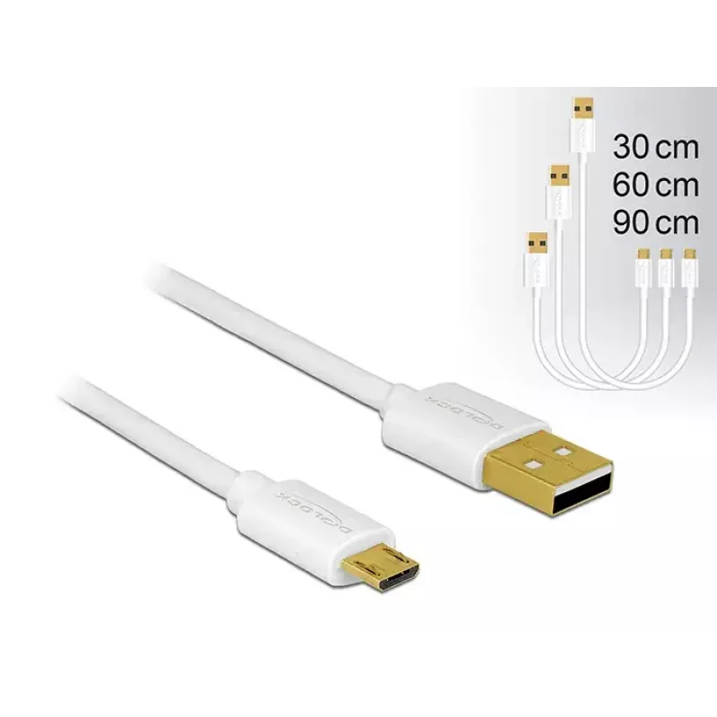 Delock USB 2.0 Type-A - Micro-B data- ja latauskaapeli, 3 kappaleen setti, valkoinen