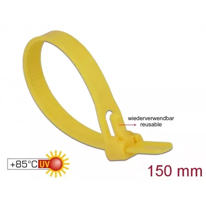 Irrotettava kaapelikiinnike DELOCK 18760 — nailon, 150×7,5 mm, keltainen, 100 kpl