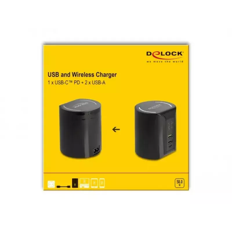 DeLOCK USB- ja langaton laturi 1 × USB Type-C PD + 2 × USB Type-A 58 W
