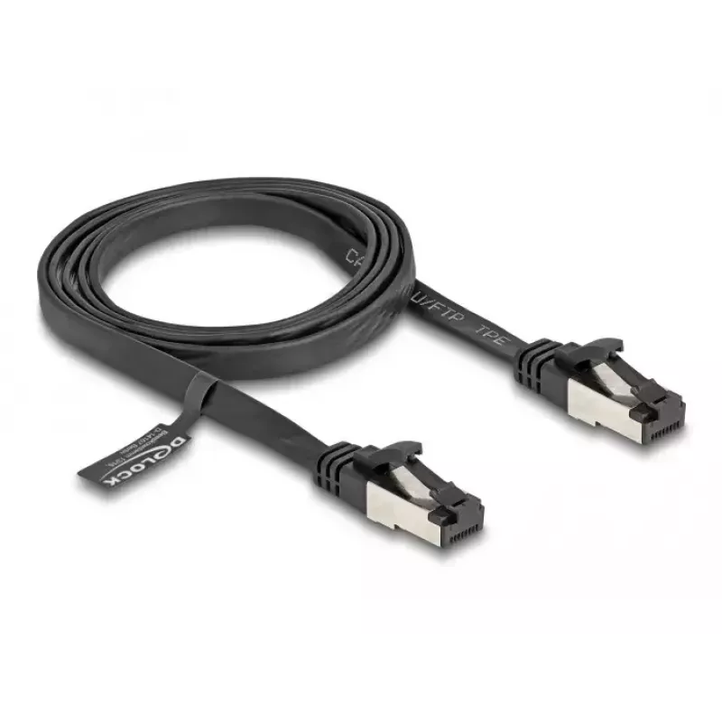 Verkkokaapeli DeLOCK RJ45 litteä patch-kaapeli uros-uros Cat.8.1 1 m musta