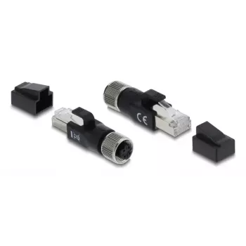 DELOCK M12 D-koodattu adapteri 4-napainen liitin – RJ45 pistoke, kultakontaktit, musta