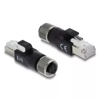 DELOCK M12 D-koodattu adapteri 4-napainen liitin – RJ45 pistoke, kultakontaktit, musta
