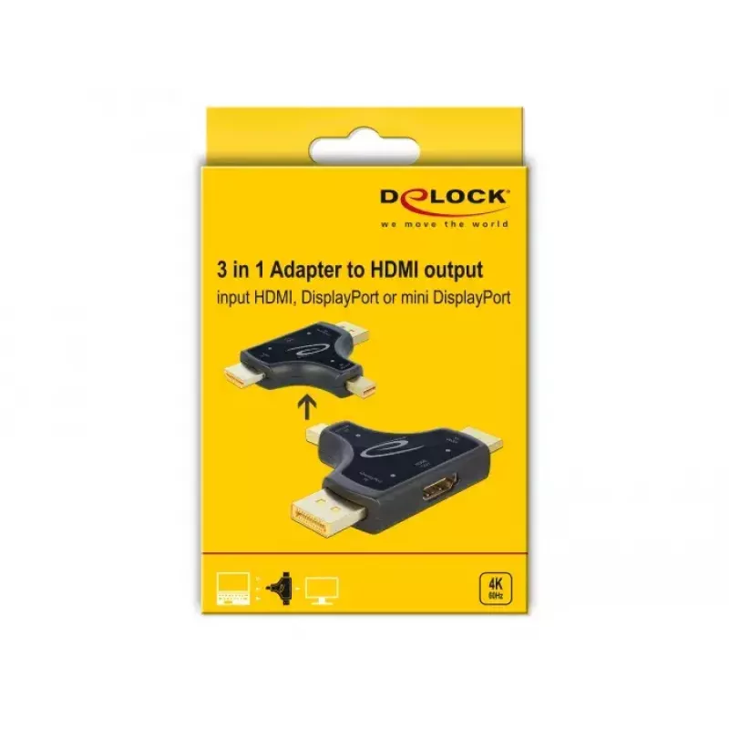 DeLOCK 64059 3-in-1-näyttösovitin, HDMI / DisplayPort / mini DisplayPort -tulo HDMI-lähtöön, 4K 60 Hz, musta
