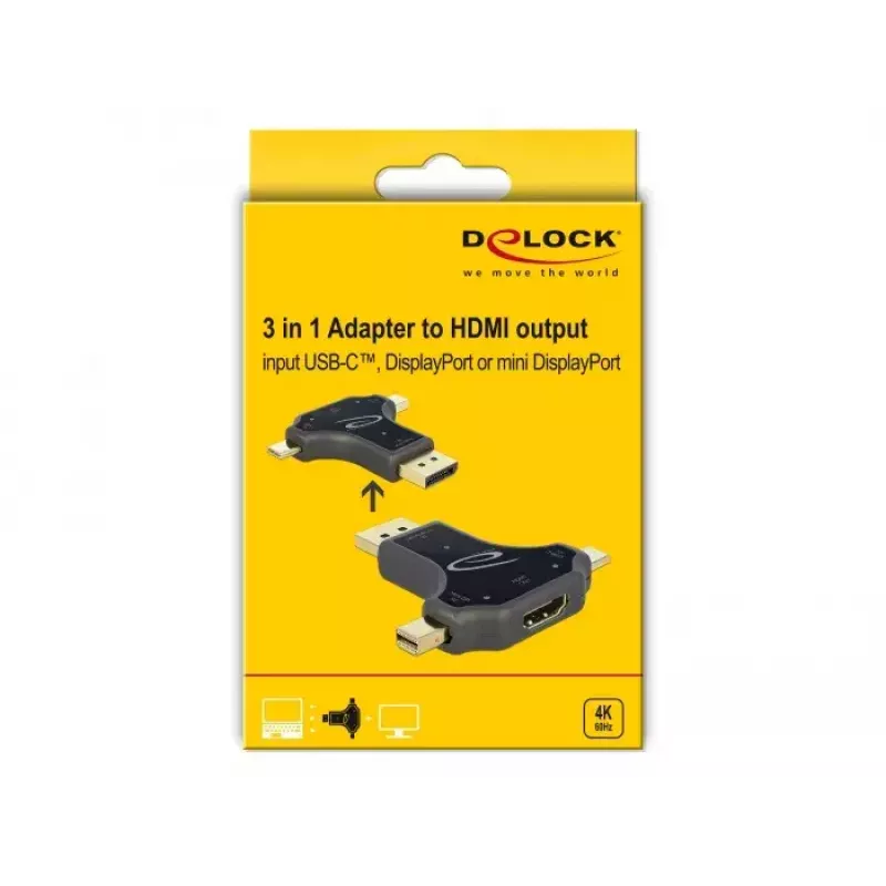 DeLOCK 64060 3-in-1-näyttösovitin, USB-C / DisplayPort / mini DisplayPort -tulo HDMI-lähtöön, 4K 60 Hz, musta