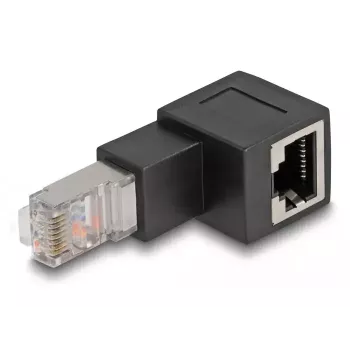 DeLOCK RJ45-uros - RJ45-naaras -adapteri Kat.6A 90° alaspäin taivutettu