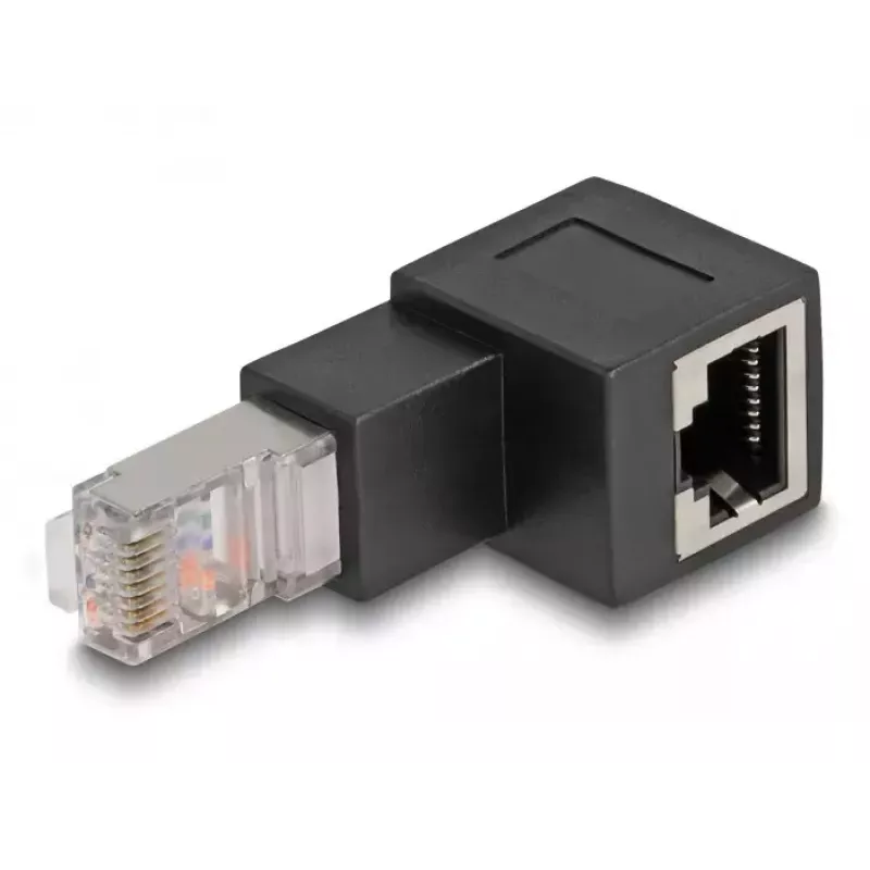 DeLOCK RJ45-uros - RJ45-naaras -adapteri Kat.6A 90° alaspäin taivutettu