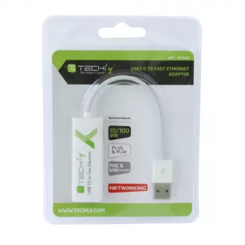 Techly USB2.0 - Fast Ethernet 10/100 Mbit/s -muunnin, johdollinen, USB, Ethernet, 100 Mbit/s, valkoinen
