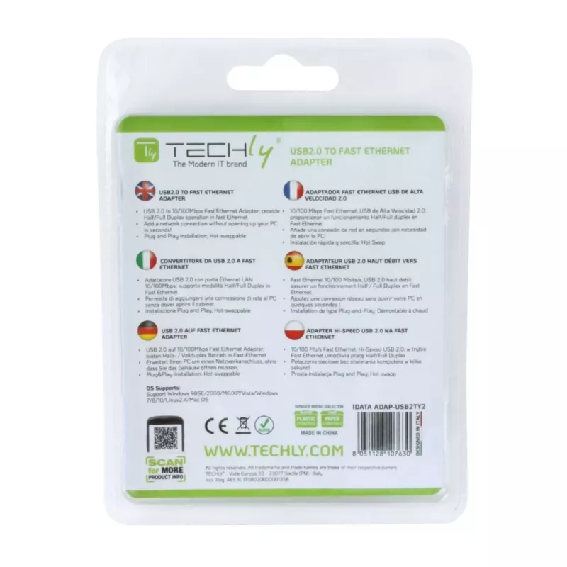 Techly USB2.0 - Fast Ethernet 10/100 Mbit/s -muunnin, johdollinen, USB, Ethernet, 100 Mbit/s, valkoinen