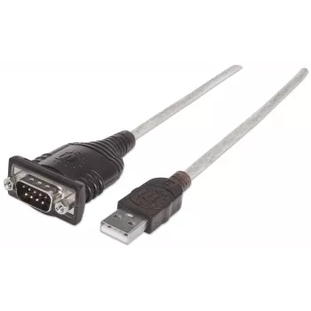 Manhattan USB-A sarjaportti muunnoskaapeli, 45 cm, uros-uros, sarjaportti/RS232/COM/DB9, Prolific PL-2303HXD piirisarja, musta/hopeinen kaapeli, kolmen vuoden takuu