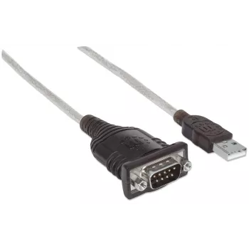 Manhattan USB-A sarjaportti muunnoskaapeli, 45 cm, uros-uros, sarjaportti/RS232/COM/DB9, Prolific PL-2303HXD piirisarja, musta/hopeinen kaapeli, kolmen vuoden takuu