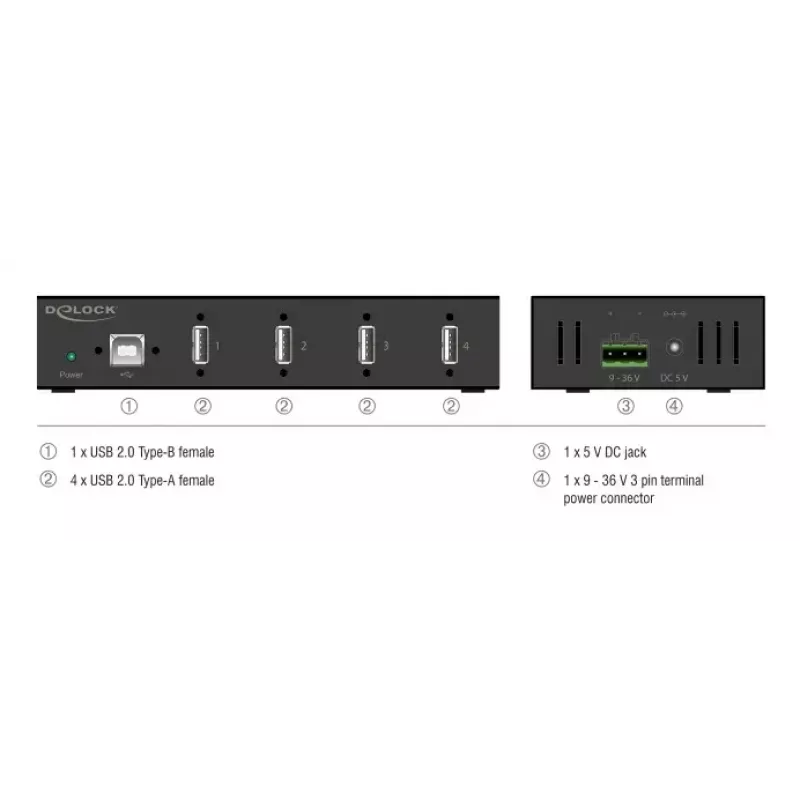 DELOCK USB-keskitin USB 2.0 Type-B 4x USB 2.0 Type-A (480 Mbit/s), musta, metallikotelo, DC-käyttöinen