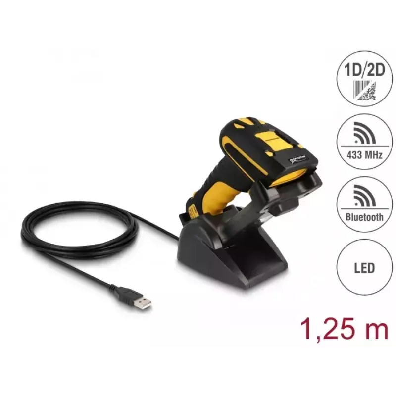 Käsikäyttöinen viivakoodilukija DeLOCK 90586 1D 2D langaton Bluetooth induktiivinen latausteline