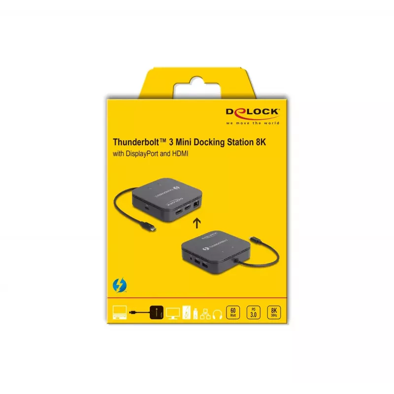 DeLOCK Thunderbolt 3 Mini -telakointiasema 8K DisplayPort HDMI USB LAN audio PD 3.0