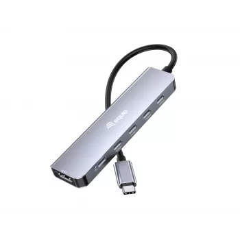 EQUIP USB-C 6-in-1 monitoimisovitin — HDMI 4K/60Hz, 4× USB-C Gen2 (10Gbps), 100W PD, 0,25 m kaapeli, harmaa