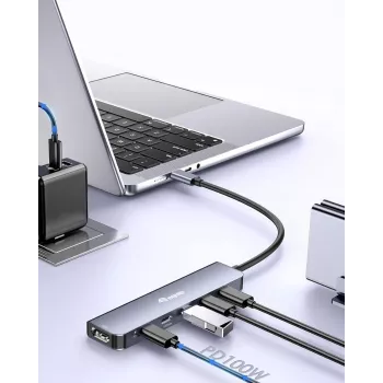 EQUIP USB-C 6-in-1 monitoimisovitin — HDMI 4K/60Hz, 4× USB-C Gen2 (10Gbps), 100W PD, 0,25 m kaapeli, harmaa