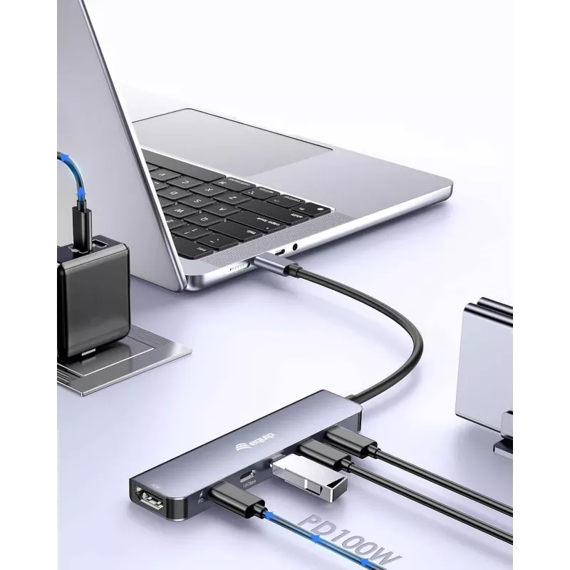 EQUIP USB-C 6-in-1 monitoimisovitin — HDMI 4K/60Hz, 4× USB-C Gen2 (10Gbps), 100W PD, 0,25 m kaapeli, harmaa