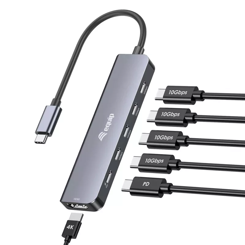 EQUIP USB-C 6-in-1 monitoimisovitin — HDMI 4K/60Hz, 4× USB-C Gen2 (10Gbps), 100W PD, 0,25 m kaapeli, harmaa
