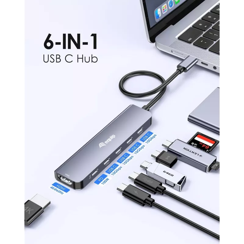 EQUIP USB-C 6-in-1 monitoimisovitin — HDMI 4K/60Hz, 4× USB-C Gen2 (10Gbps), 100W PD, 0,25 m kaapeli, harmaa
