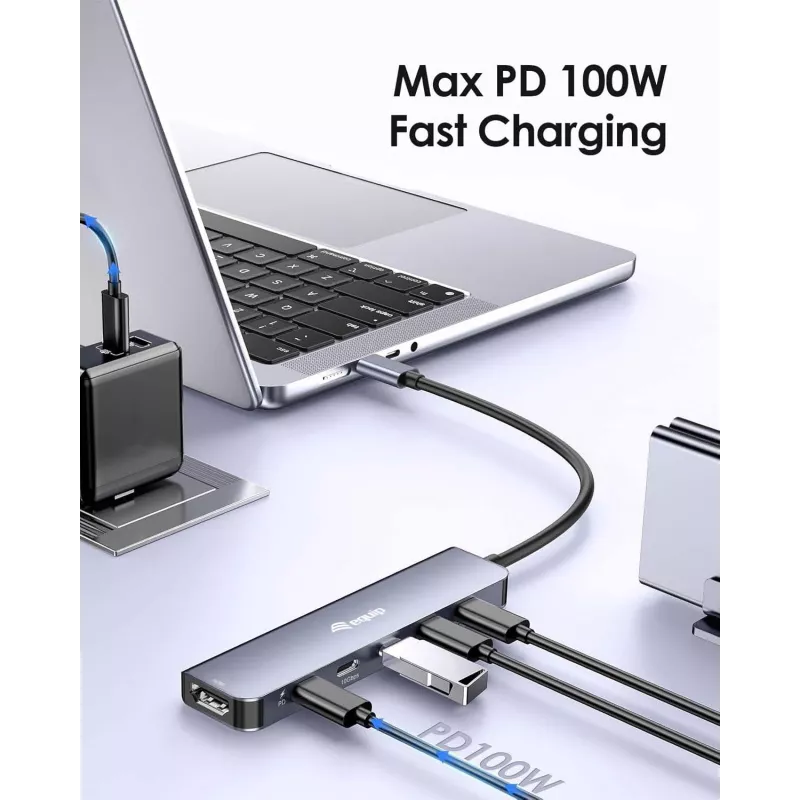 EQUIP USB-C 6-in-1 monitoimisovitin — HDMI 4K/60Hz, 4× USB-C Gen2 (10Gbps), 100W PD, 0,25 m kaapeli, harmaa