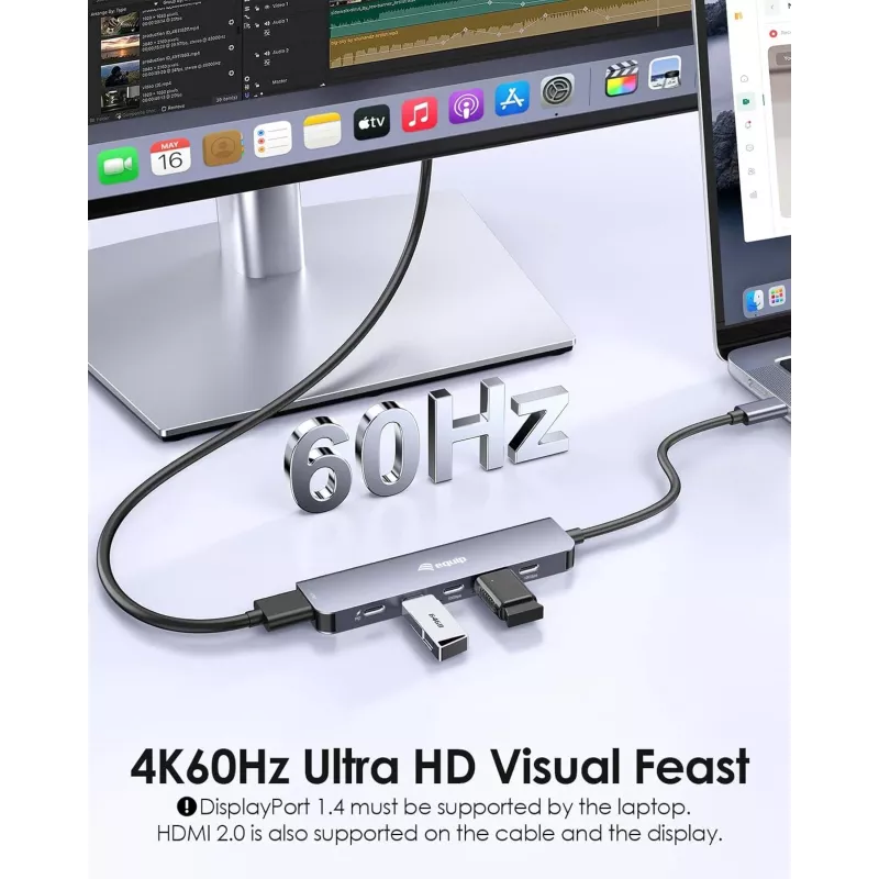 EQUIP USB-C 6-in-1 monitoimisovitin — HDMI 4K/60Hz, 4× USB-C Gen2 (10Gbps), 100W PD, 0,25 m kaapeli, harmaa