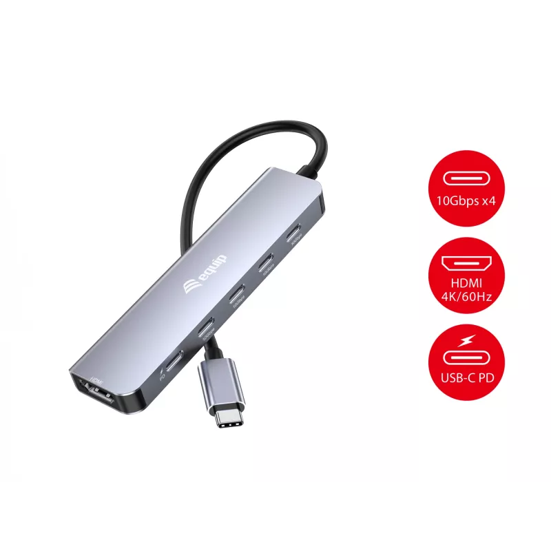 EQUIP USB-C 6-in-1 monitoimisovitin — HDMI 4K/60Hz, 4× USB-C Gen2 (10Gbps), 100W PD, 0,25 m kaapeli, harmaa