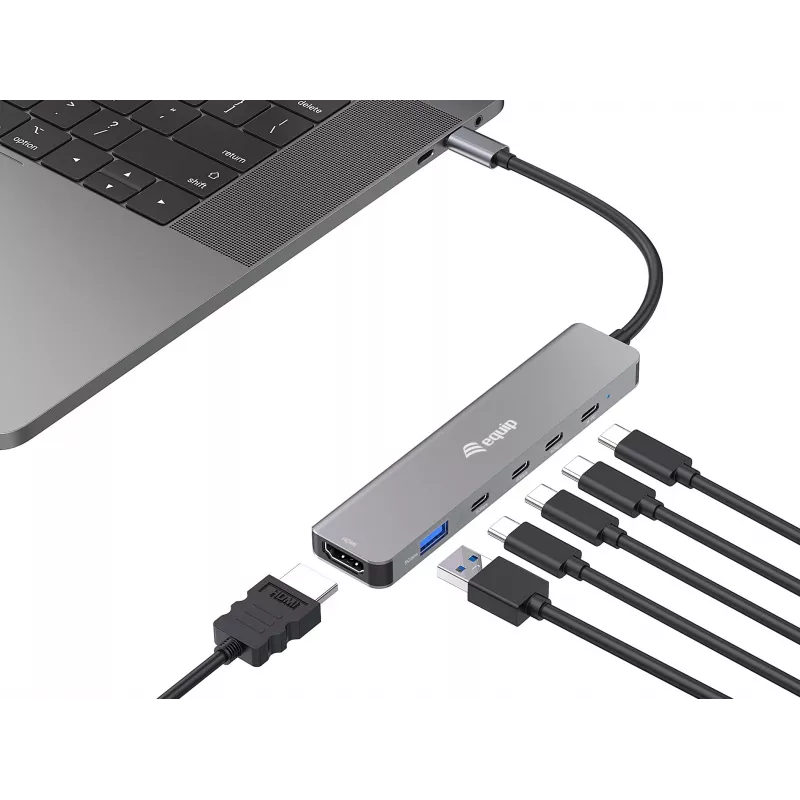 Equip USB-C 6-in-1 monitoimisovitin, HDMI 4K/30Hz, USB-C x4, USB-A x1, 5Gbps, 100W USB PD