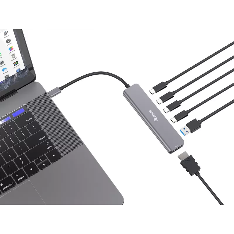 Equip USB-C 6-in-1 monitoimisovitin, HDMI 4K/30Hz, USB-C x4, USB-A x1, 5Gbps, 100W USB PD