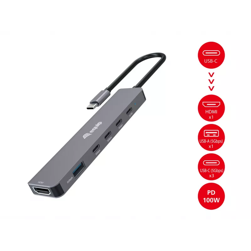 Equip USB-C 6-in-1 monitoimisovitin, HDMI 4K/30Hz, USB-C x4, USB-A x1, 5Gbps, 100W USB PD