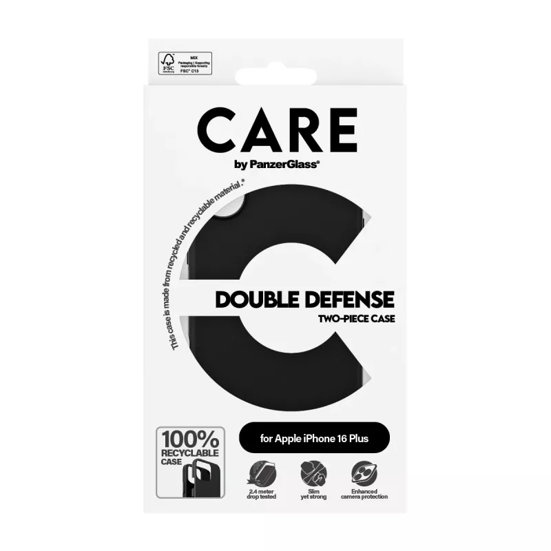 PanzerGlass CARE™ by ® Double Defense -kotelo musta iPhone 16 Plus