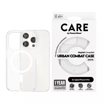 PanzerGlass CARE™ by ® Urban Combat -kotelo läpinäkyvä valkoisella MagSafe iPhone 15 Pro