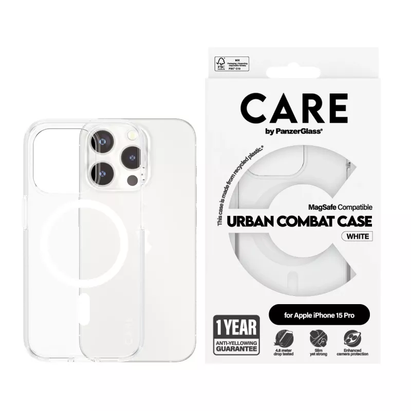 PanzerGlass CARE™ by ® Urban Combat -kotelo läpinäkyvä valkoisella MagSafe iPhone 15 Pro