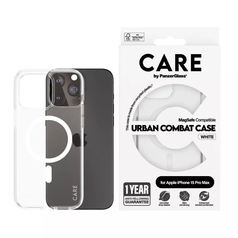 PanzerGlass CARE™ by ® Urban Combat -kotelo läpinäkyvä valkoisella MagSafe iPhone 15 Pro Max