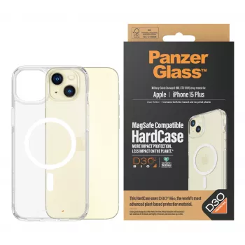 Suojakotelo HardCase MagSafe puhelinkotelo PanzerGlass iPhone 15 Plus — läpinäkyvä kierrätetty muovi, sopii 6,69 tuuman näytölle
