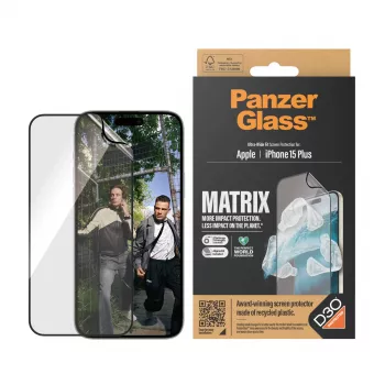 PanzerGlass ® ECO MATRIX näytönsuojakalvo D3O® iPhone 15 Plus | Ultra-Wide Fit AlignerKit
