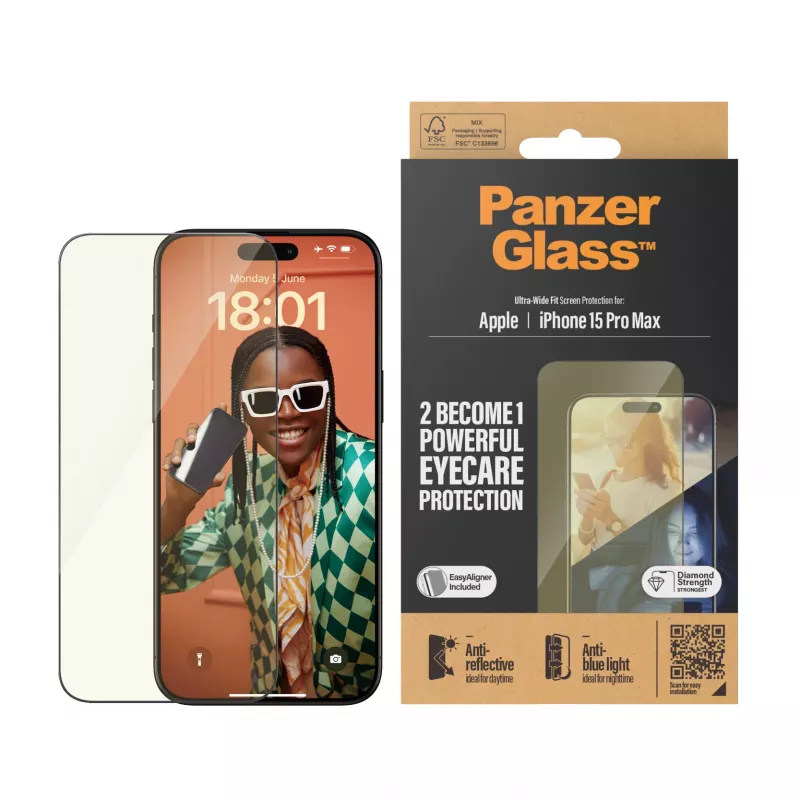 PanzerGlass ® EyeCARE™ näytönsuoja iPhone 15 Pro Max | Ultra-Wide Fit EasyAligner