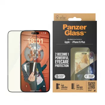 PanzerGlass Eyecare näytönsuojalasi iPhone 15 Plus — Ultra-Wide Fit, iskunkestävä, kuiva-asennus