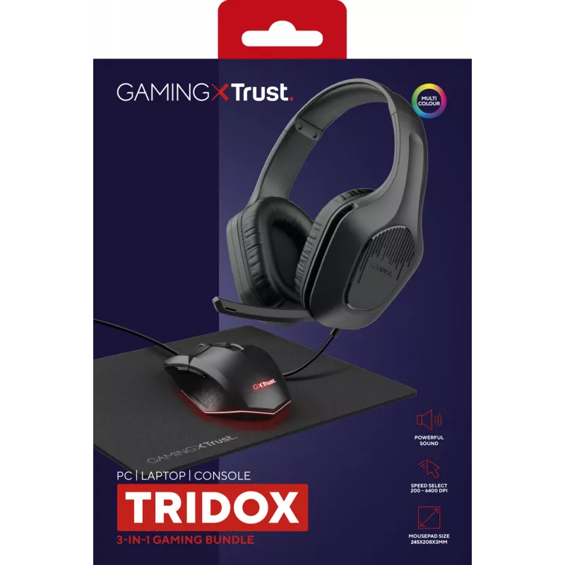 Trust GXT 790 Tridox 3-in-1 pelipaketti (kuulokemikrofoni, hiiri, hiirimatto), musta