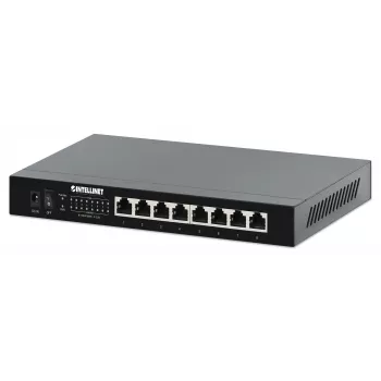 Intellinet 8-porttinen 2.5G Ethernet PoE+ -kytkin kahdeksan 10/100/1000/2500 Mbps PSE PoE+ -porttia, 100 W PoE-tehobudjetti, unmanaged, pöytämalli, seinäkiinnitysvaihtoehto