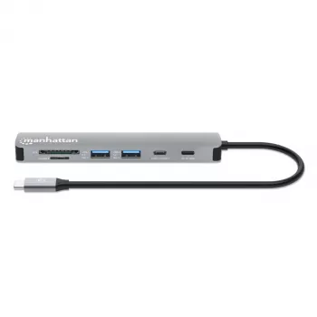 Manhattan USB-C-telakka/keskitin kortinlukijalla, liitännät (x5): HDMI, USB-A (x2) ja USB-C (x2), Power Delivery (PD) 100W – vaatii ulkoisen USB-C-laturin (ei sisälly). USB-virralla toimiva (ulkoista virtalähdettä ei tarvita), kun PD:tä ei käytetä
