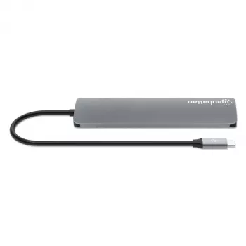 Manhattan USB-C-telakka/keskitin kortinlukijalla, liitännät (x5): HDMI, USB-A (x2) ja USB-C (x2), Power Delivery (PD) 100W – vaatii ulkoisen USB-C-laturin (ei sisälly). USB-virralla toimiva (ulkoista virtalähdettä ei tarvita), kun PD:tä ei käytetä