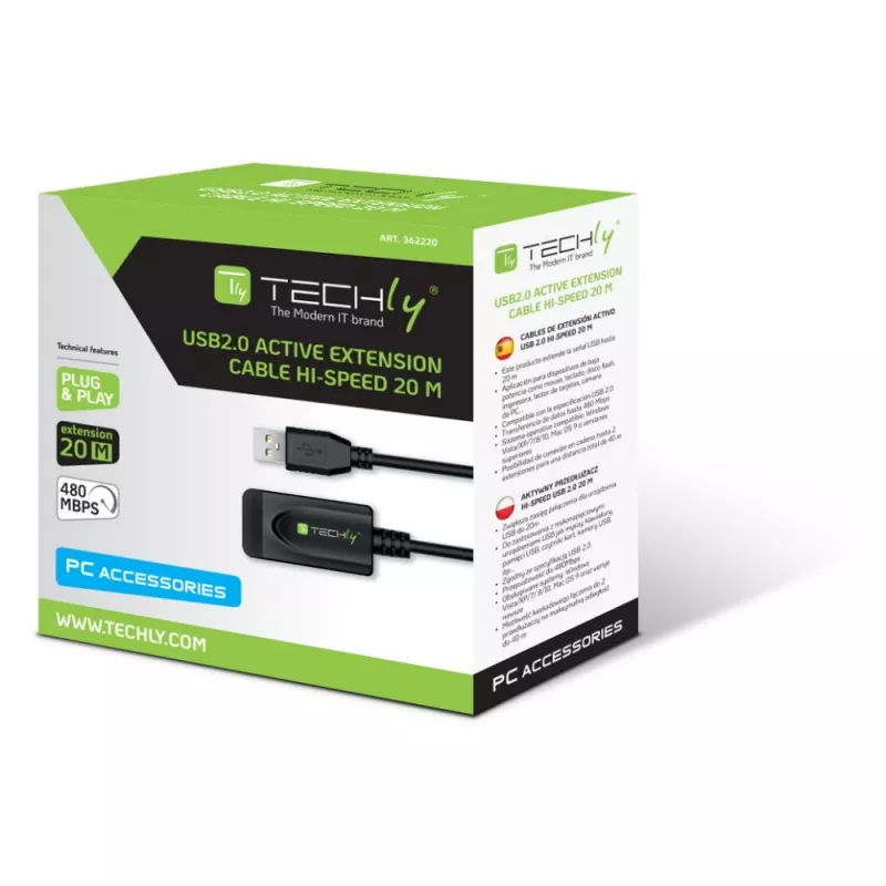 Techly IUSB-REP220TY3 USB-kaapeli USB 2.0 20 m USB A musta