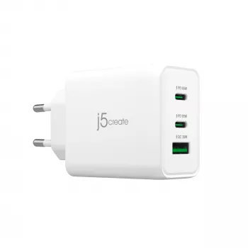 j5create JUP3365E-EN 65W GaN USB-C® 3-porttinen laturi, sisäkäyttöön, AC, valkoinen