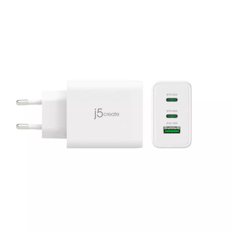j5create JUP3365E-EN 65W GaN USB-C® 3-porttinen laturi, sisäkäyttöön, AC, valkoinen