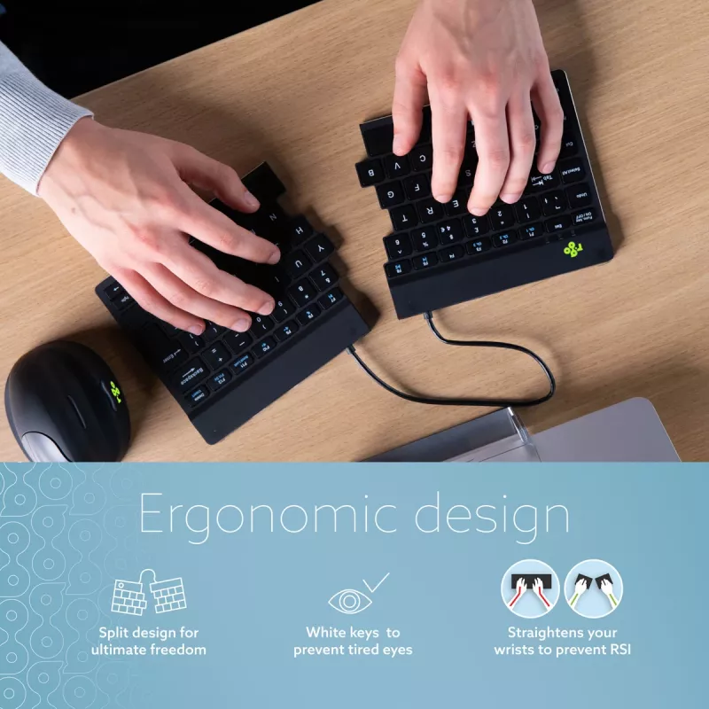 R-Go Tools ergonominen näppäimistö R-Go Split Break tauko-ohjelmistolla, ergonominen jaettu näppäimistö, AZERTY (FR), Bluetooth, musta